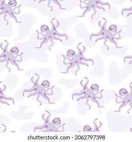 seamless pattern with cartoon purple octopus on a white background with violet spots. underwater world.