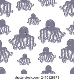 Patrón sin fisuras de pulpos morados de dibujos animados sobre un fondo blanco. Ilustración vectorial para Fondo de pantalla infantil, textiles, empaques.