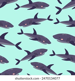 Seamless pattern of cartoon purple shark on a blue background. Vector illustration for children's wallpaper, textiles, packaging.