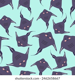 Seamless pattern of cartoon purple stingray on a blue background. Vector illustration for children's wallpaper, textiles, packaging.
