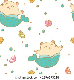 seamless pattern with cartoon purrmaid in flat style and seashells and bubbles. Doodle vector illustration of cute cat mermaid.design for patch, t-short print, poster or card. wrapping paper pattern