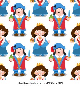 Seamless pattern with cartoon queen and prince.