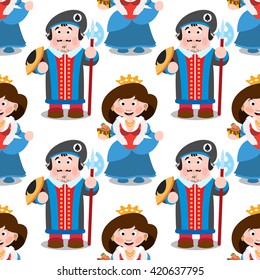 Seamless pattern with cartoon queen and prince.