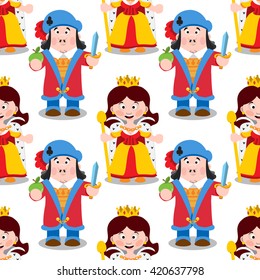 Seamless pattern with cartoon queen and prince.