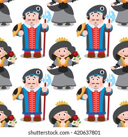Seamless pattern with cartoon queen and prince.