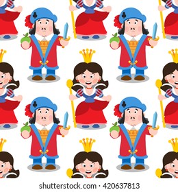 Seamless pattern with cartoon queen and prince.