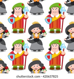 Seamless pattern with cartoon queen and prince.