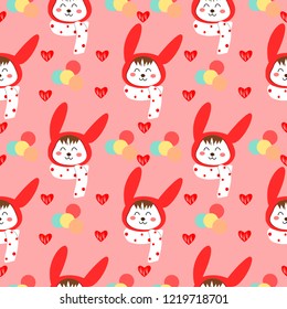 Seamless Pattern of Cartoon Rabbit, Balloon and heart Design on red Background