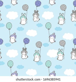 Seamless Pattern of Cartoon Rabbit, Balloon and Cloud Design on Blue Sky Background