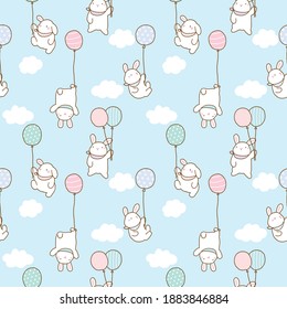 Seamless Pattern with Cartoon Rabbit and Balloon Illustration Design on Blue Sky Background