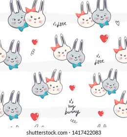 Seamless Pattern cartoon rabbit boy, girl vector illustration. romantic Cute bunny. print vector. Sweet background for kids pajamas, nursery diaper, children bedroom textile, clothing fabric. love.