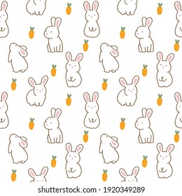 Seamless Pattern with Cartoon Rabbit and Carrot Illustration Design on White Background