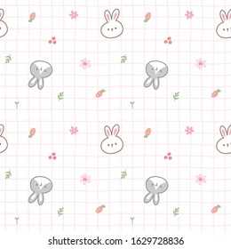 Seamless Pattern of Cartoon Rabbit face, Carrot and Flower Design on White Background with Pink Table