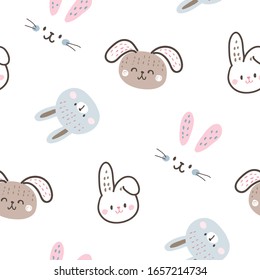 Seamless Pattern of Cartoon Rabbit Face Design on White Background