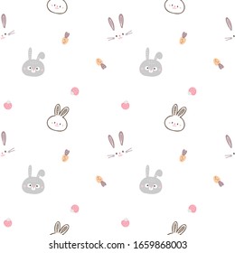 Seamless Pattern with Cartoon Rabbit Face, Carrot and Strawberry Design on White Background