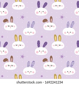 Seamless Pattern of Cartoon Rabbit Face Design on Light Violet Background