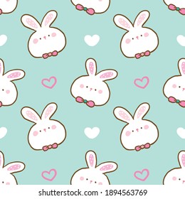 Seamless Pattern with Cartoon Rabbit Face and Heart Illustration Design on Pastel Green Background