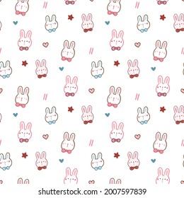 Seamless Pattern with Cartoon Rabbit Face Design on White Background