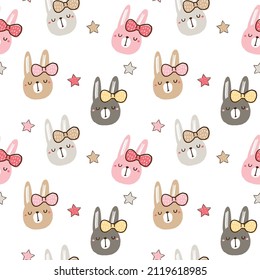 Seamless Pattern with Cartoon Rabbit Face and Star Design on White Background