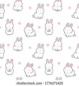 Seamless Pattern with Cartoon Rabbit and Flower Design on White Background