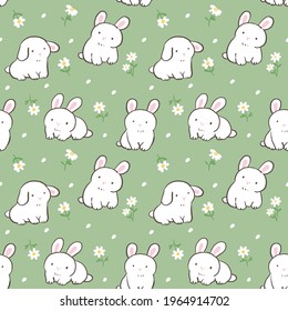 Seamless Pattern of Cartoon Rabbit and Flower Design on Green Background