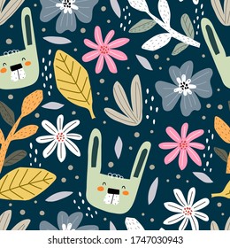 Seamless pattern with cartoon rabbit, flowers, decor elements on a neutral background. summer colorful vector for kids. hand drawing, flat style. Baby design for fabric, print, textile, wrapper