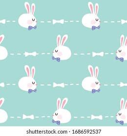 Seamless Pattern of Cartoon Rabbit Head Design on Green Background with White Dash Lines