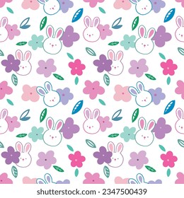 Seamless Pattern with Cartoon Rabbit Head and Flower Design on White Background