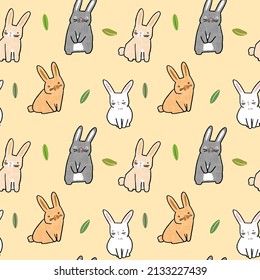 Seamless Pattern of Cartoon Rabbit and Leaf Design on Yellow Background