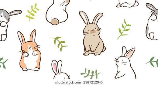 Seamless Pattern of Cartoon Rabbit and Leaf Design on White Background