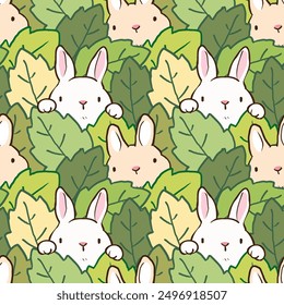 Seamless Pattern of Cartoon Rabbit and Leaf Illustration