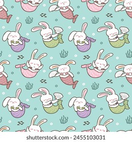 Seamless Pattern with Cartoon Rabbit Mermaid on Green Background