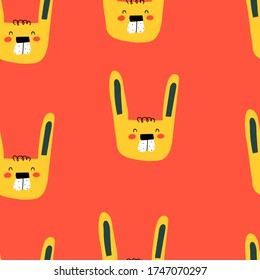 Patrón sin foco con conejo de dibujos animados sobre un fondo neutral. vector colorido de verano para los niños. dibujo a mano, de estilo plano. Diseño de bebé para tela, impresión, textil, envoltura