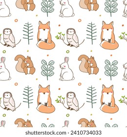Seamless Pattern with Cartoon Rabbit, Squirrel, Fox, Owl and Leaf Design on White Background