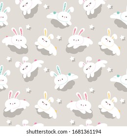 Seamless Pattern of Cartoon Rabbit and Star Design on Grey Background