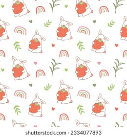 Seamless Pattern of Cartoon Rabbit, Strawberry, Leaf, Rainbow and Heart Design on White Background