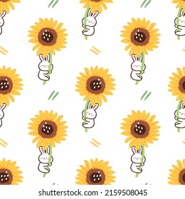 Seamless Pattern with Cartoon Rabbit and Sunflower Design on White Background