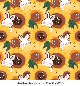 Seamless Pattern of Cartoon Rabbit and Sunflower Illustration Design