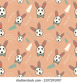 
Seamless pattern cartoon rabbit with twig and Christmas tree