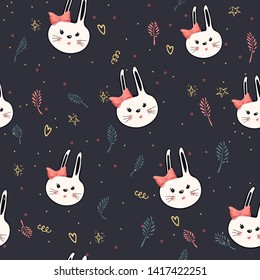 Seamless Pattern cartoon rabbit vector illustration. Cute baby little bunny. print vector. Sweet background for kids pajamas, nursery diaper, children bedroom textile, clothing fabric