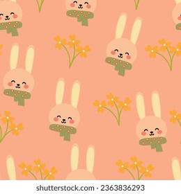 Seamless pattern of cartoon rabbit wearing a scarf and flowers for fabric prints, textiles, gift wrapping paper. colorful vector for children, flat style
