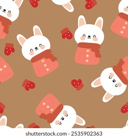 Conejo de la historieta del modelo inconsútil que lleva la bufanda roja en día de invierno Fondo de pantalla animal lindo para la impresión de la tela, papel del abrigo del regalo
