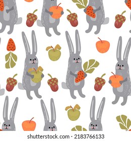 Seamless pattern with cartoon rabbit,carrot,acorn and apple.Animal colorful background and texture for printing on fabric and paper.Vector hand drawn isolated illustration for kids apparel.