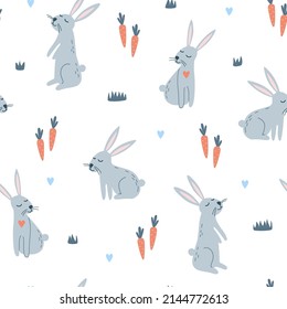 Seamless pattern with cartoon rabbits and carrots. Gray cute bunnies.