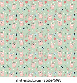 Seamless pattern with cartoon rabbits, carrots and butterflies for kids. Abstract background for fabric, paper, wallpaper.