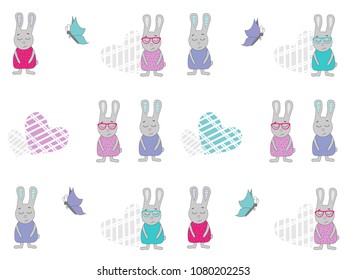 Seamless pattern with cartoon rabbits, hearts and butterflies. Bunny vector illustration. T-shirt graphics for kids
