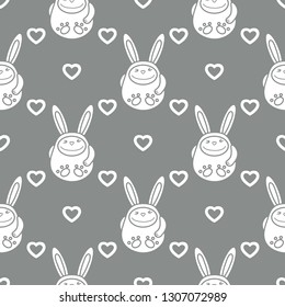 Seamless pattern with cartoon rabbits and hearts. Birthday, Valentine's day, Happy Easter vector background. Festive background. Easter Bunny, rabbit, hare.