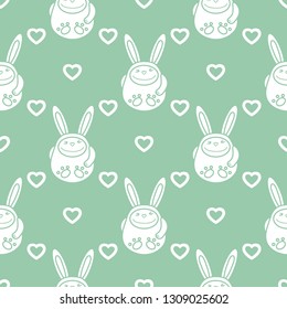 Seamless pattern with cartoon rabbits and hearts. Birthday, Valentine's day, Happy Easter vector background. Festive background. Easter Bunny, rabbit, hare.