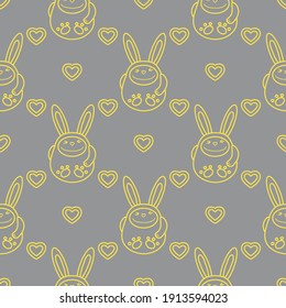 Seamless pattern with cartoon rabbits and hearts. Birthday, Valentine's day, Happy Easter vector background. Festive background. Easter Bunny, rabbit, hare. Illuminating and Ultimate Gray.