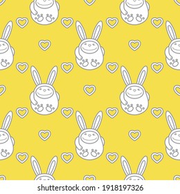 Seamless pattern with cartoon rabbits and hearts. Birthday, Valentine's day, Happy Easter vector background. Festive background. Easter Bunny, rabbit, hare. Illuminating and Ultimate Gray.